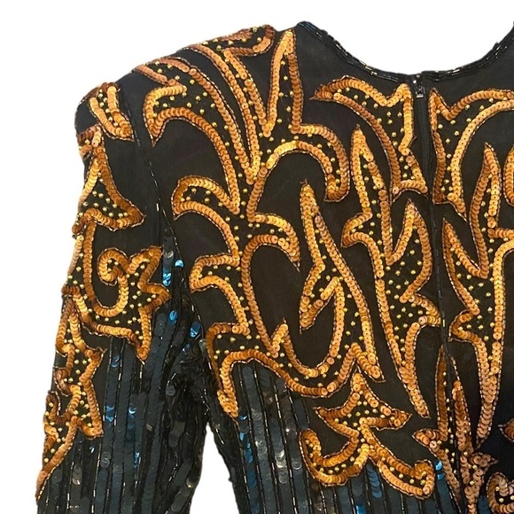 Vintage 100% Silk Black Gold Long Sleeve Beaded Sequin Evening Maxi Dress Size S - Picture 3 of 7